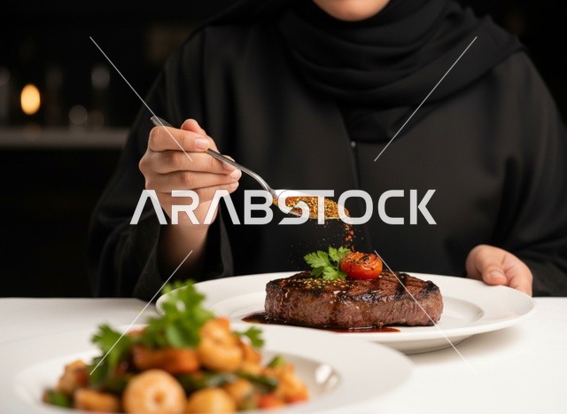 امرأة عربية بالعباءة تضع البهارات على لحم الستيك