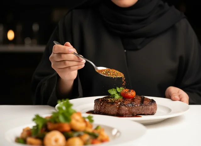 امرأة عربية بالعباءة تضع البهارات على لحم الستيك