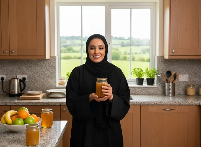 Arab Woman in Abaya Holding Honey Jar in Modern Kitchen