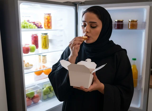 Arab Woman in Abaya Eating Food by Open Refrigerator