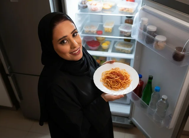 امرأة سعودية تحمل طبق معكرونة أمام الثلاجة