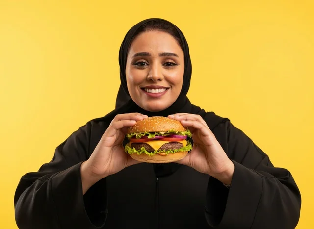 Saudi Woman in Abaya Holding Burger on Yellow Background