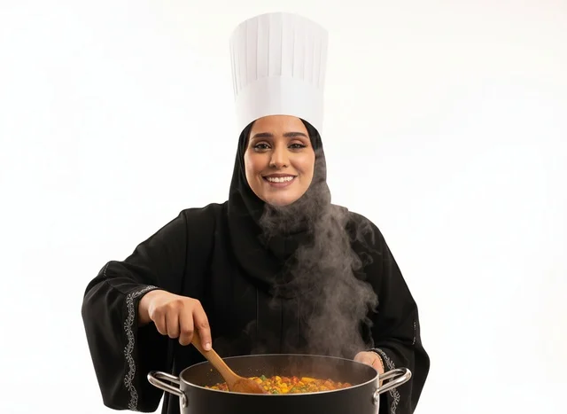 Saudi Female Chef Cooking Food in Steaming Pot