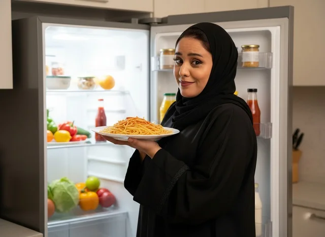 امرأة سعودية تحمل طبق معكرونة أمام ثلاجة مفتوحة