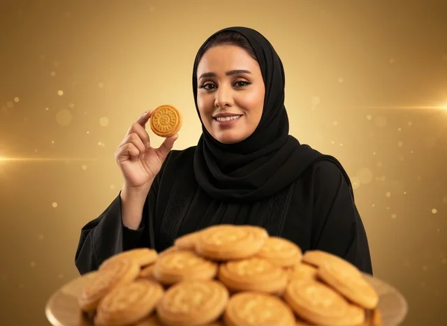 Saudi Woman Holding Maamoul Cookie Gold Background
