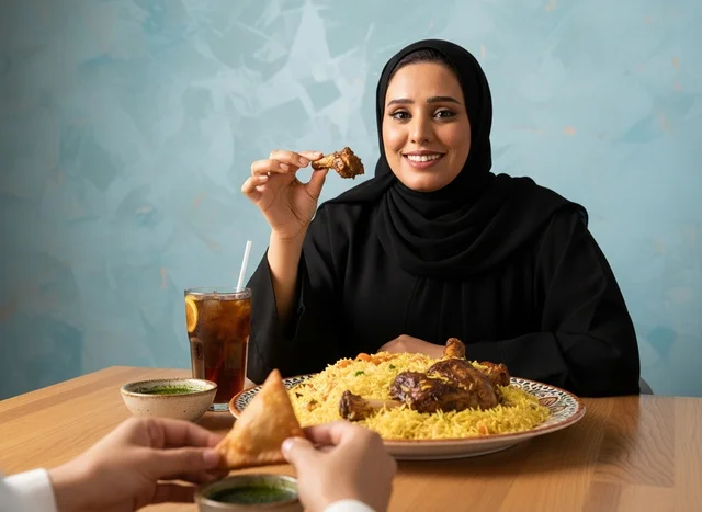 امرأة إماراتية تتناول طبق الكبسة العربي التقليدي