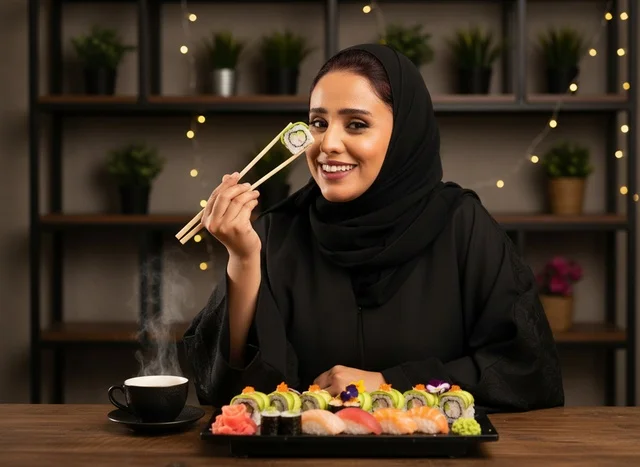 امرأة سعودية بالعباءة تتناول السوشي في مطعم امرأة سعودية بالعباءة تتناول السوشي في مطعم