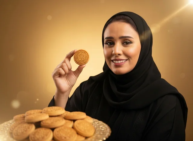 Saudi Woman Holding Maamoul Cookie in Black Abaya