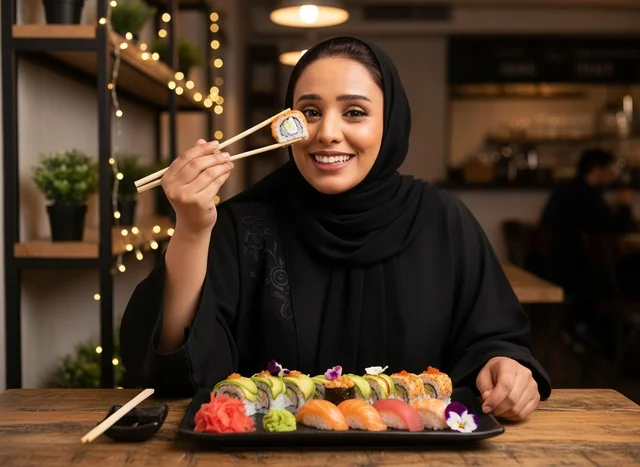 Saudi Woman in Abaya Eating Sushi at Restaurant