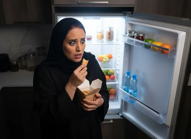 Saudi Woman Snacking by Refrigerator Light at Night