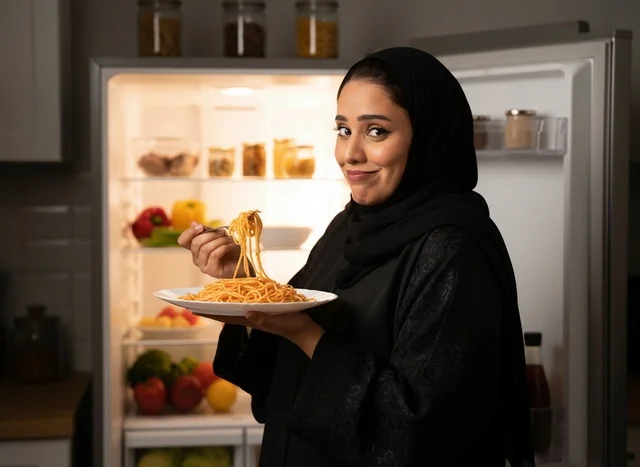 امرأة سعودية بالعباءة تأكل السباغيتي أمام الثلاجة امرأة سعودية بالعباءة تأكل السباغيتي أمام الثلاجة