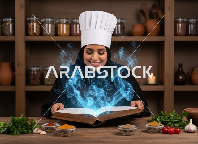 Arab Female Chef Reading Magic Cookbook with Spices
