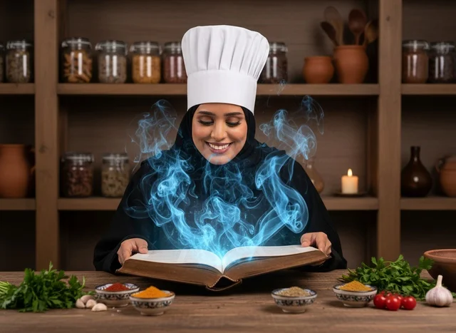 Arab Female Chef Reading Magic Cookbook with Spices