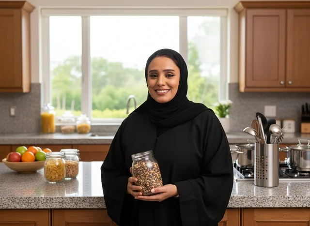 Arab Woman Wearing Black Abaya Holding Nut Jar in Kitchen Arab Woman Wearing Black Abaya Holding Nut Jar in Kitchen