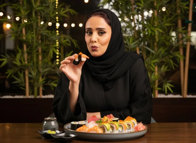 امرأة عربية بالعباءة تتناول السوشي في مطعم امرأة عربية بالعباءة تتناول السوشي في مطعم