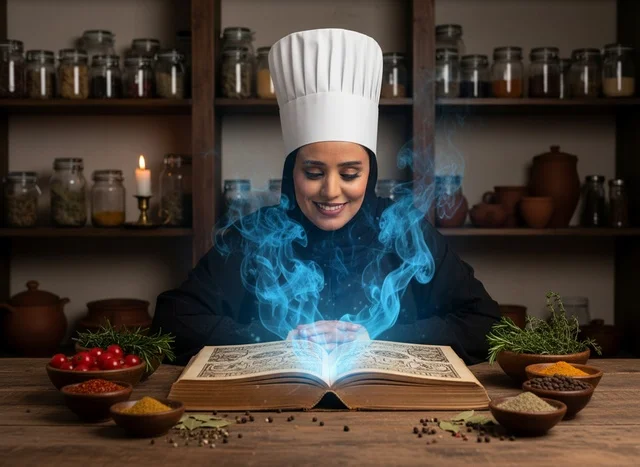 طاهية عربية بالعباءة مع كتاب طبخ سحري