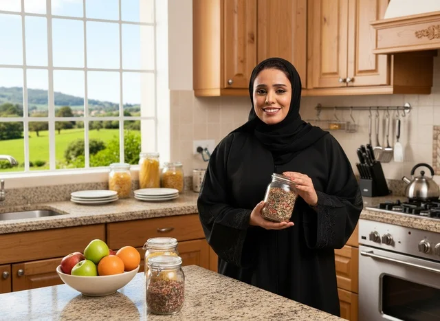 Saudi Woman in Abaya Holding Food Jar in Kitchen