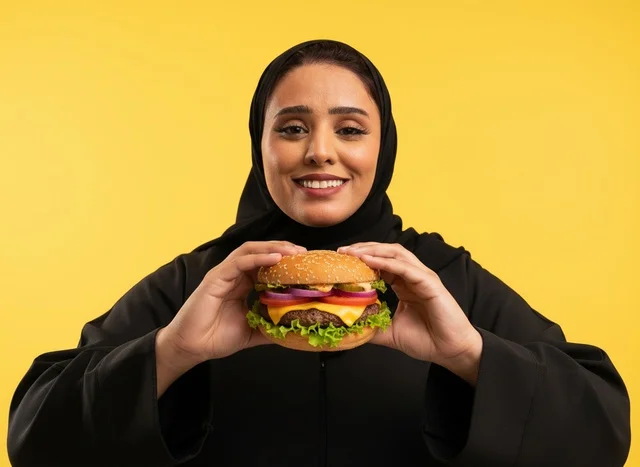 Saudi Woman Holding Hamburger on Yellow Background