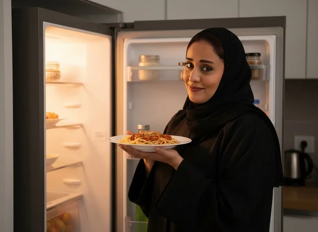Arab Woman with Spaghetti in Front of Refrigerator