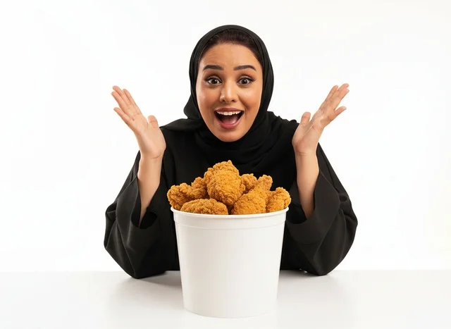 Saudi Woman with Fried Chicken Bucket Studio Portrait