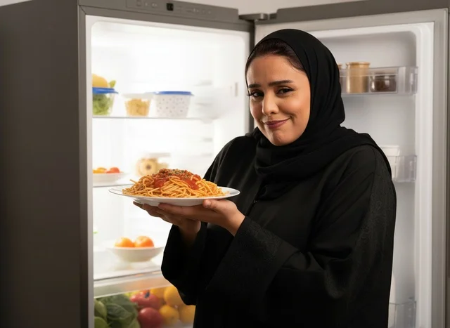 امرأة سعودية بالعباءة مع طبق معكرونة أمام الثلاجة