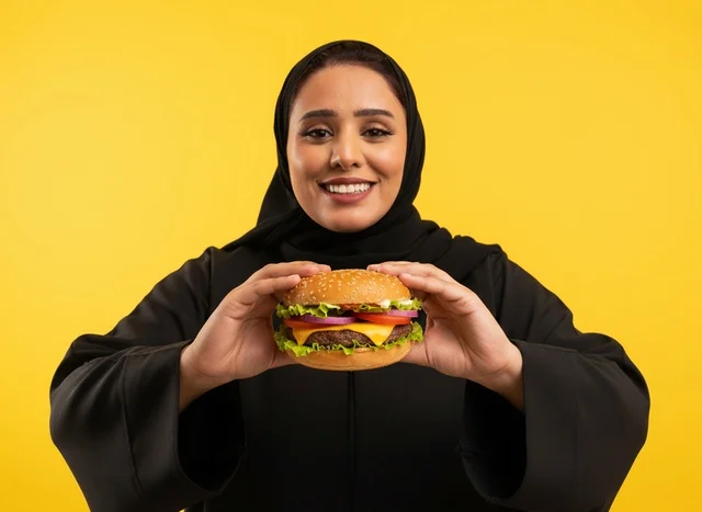 امرأة سعودية بالعباءة تحمل برجر على خلفية صفراء