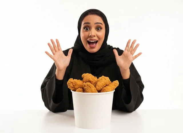 Excited Saudi Woman with Fried Chicken Bucket