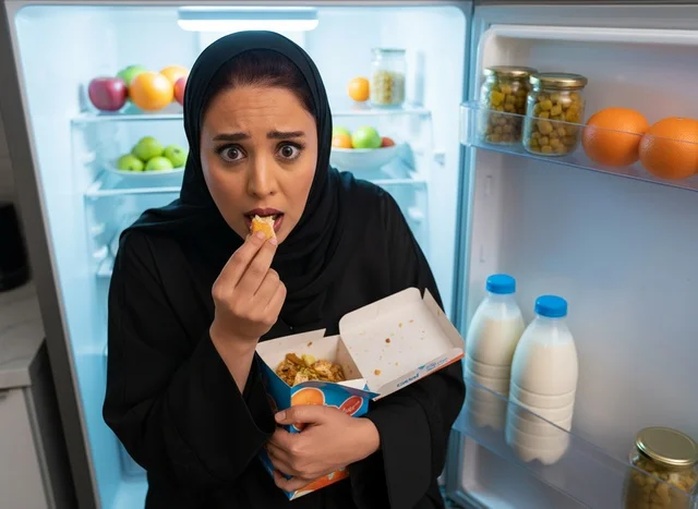 Arab Woman in Abaya Eating at Refrigerator at Night