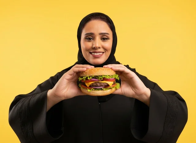 امرأة سعودية تمسك شطيرة برجر بخلفية صفراء