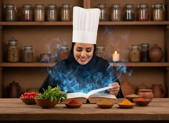 Saudi Female Chef Reading Cookbook with Spices