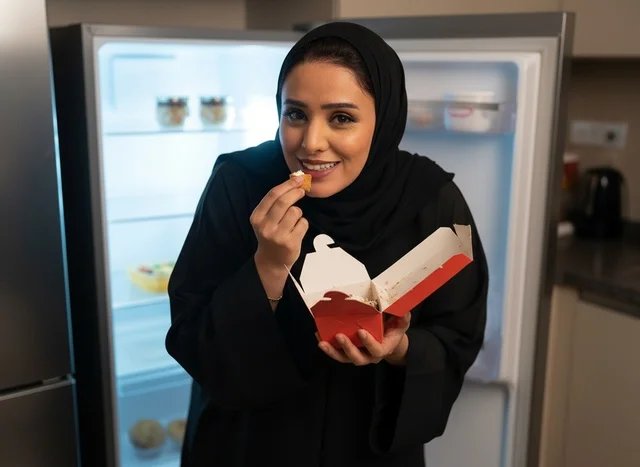 Saudi Woman in Abaya Eating Snack by Refrigerator