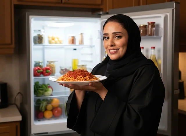 امرأة إماراتية تحمل طبق معكرونة أمام الثلاجة في المطبخ