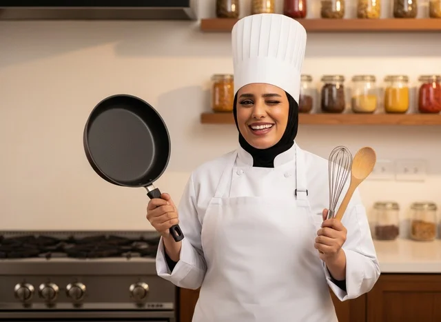 Saudi Female Chef in Uniform Holding Cooking Tools