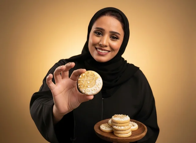 Saudi Woman in Abaya Holding Decorated Cookie