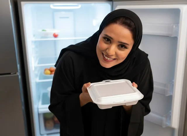 امرأة سعودية مع علبة طعام أمام ثلاجة مفتوحة