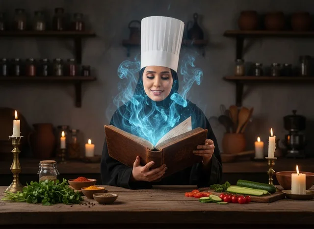 طاهية سعودية تقرأ كتاب وصفات مضيء في مطبخ ريفي