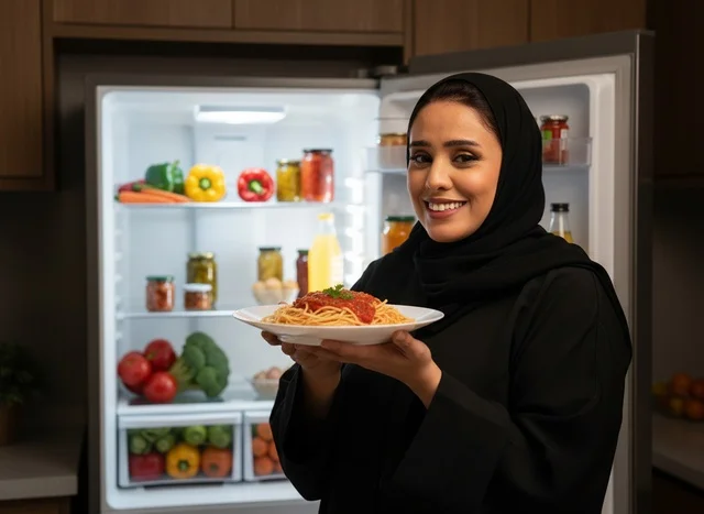 امرأة سعودية تحمل طبق معكرونة في المطبخ