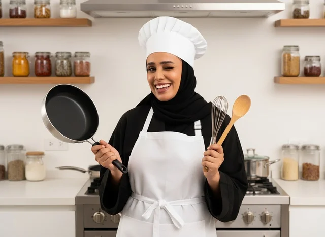 طاهية عربية ترتدي الحجاب في مطبخ حديث