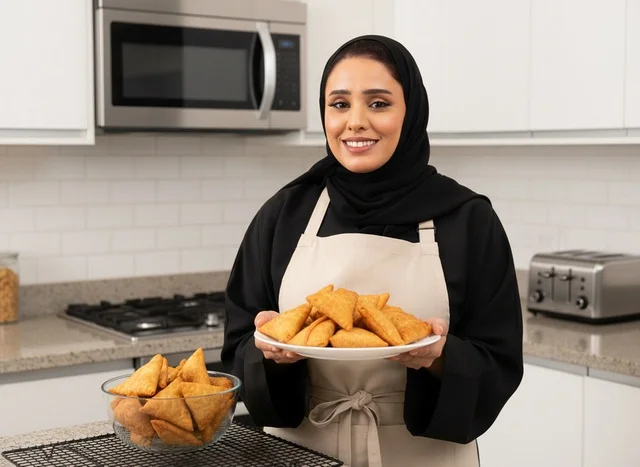 Saudi Woman in Abaya Holding Samosas in Kitchen