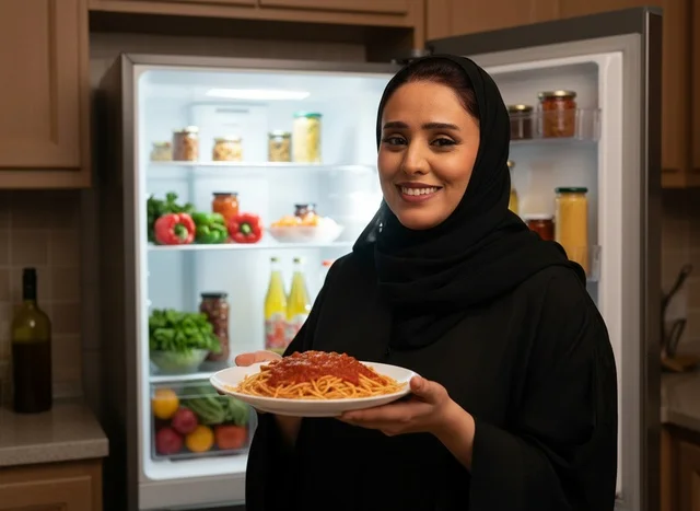 امرأة سعودية تحمل طبق مكرونة أمام الثلاجة
