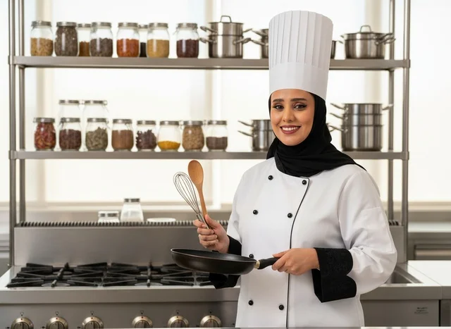 Saudi Female Chef in Professional Kitchen with Cookware