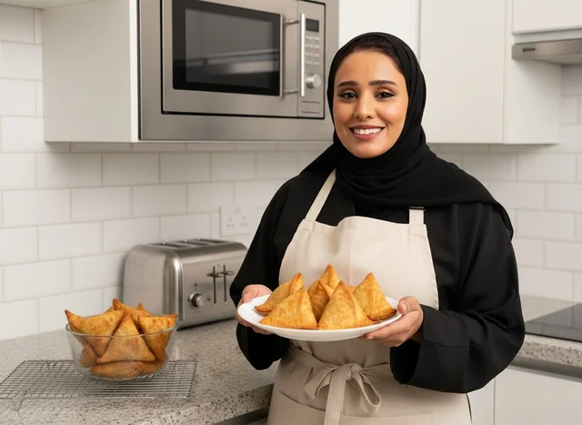 امرأة سعودية تحمل طبق سمبوسة في مطبخ عصري