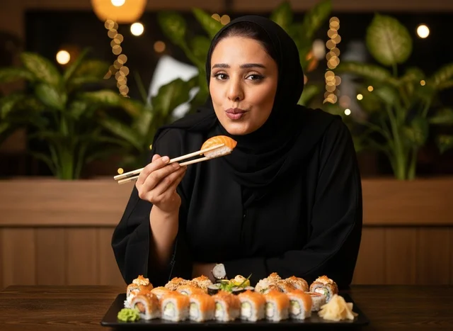 Arab Woman in Abaya Eating Sushi at Restaurant