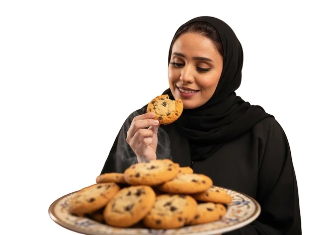 امرأة سعودية بالعباءة تتناول بسكويت الشوكولاتة