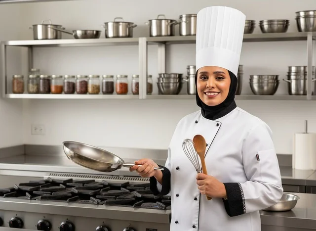 Saudi Female Chef in Professional Kitchen with Utensils
