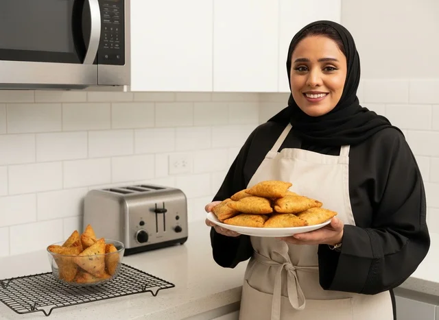 Saudi Woman with Plate of Fried Sambousek in Kitchen