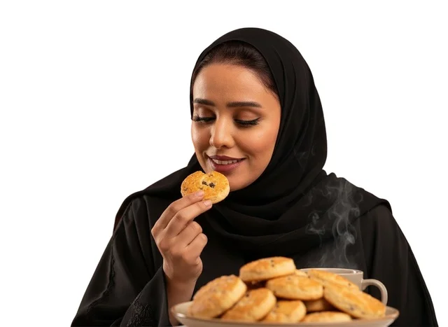 Saudi Woman in Abaya Eating Biscuit with Hot Drink Studio Saudi Woman in Abaya Eating Biscuit with Hot Drink Studio