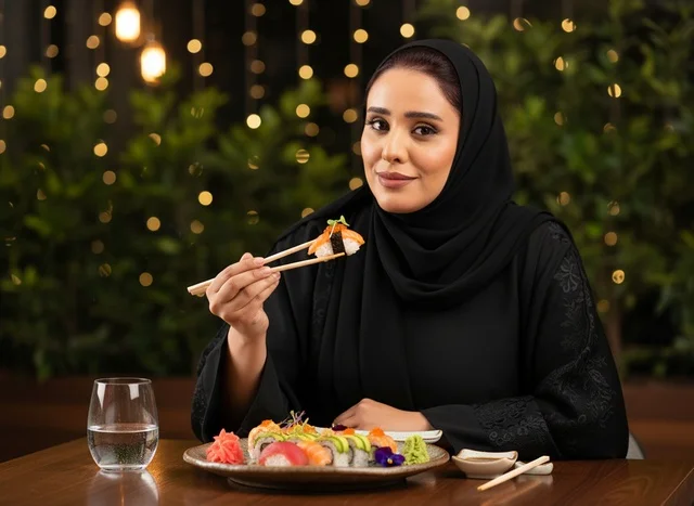 Saudi Woman in Black Abaya Eating Sushi at Restaurant
