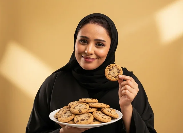 Saudi Woman in Abaya Holding Chocolate Chip Cookies
