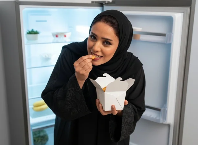 امرأة سعودية بالعباءة تتناول وجبة خفيفة أمام الثلاجة